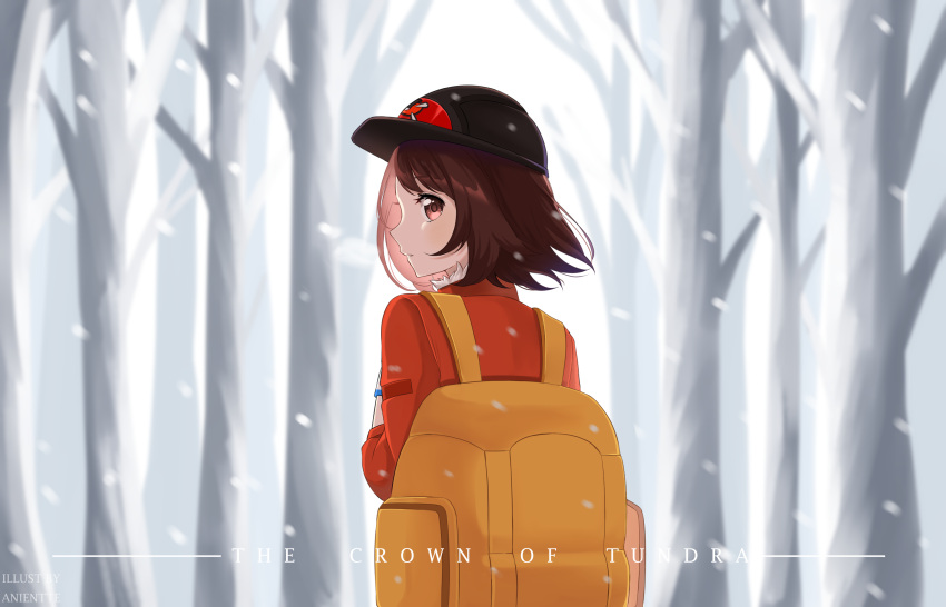 1girl, anientte, artist_name, backpack, bag, bangs, bare_tree, black_headwear, brown_eyes, brown_hair, commentary_request, floating_hair, from_behind, gloria_(pokemon), hand_up, helmet, highres, light_blush, looking_back, orange_backpack, parted_lips, pokemon, pokemon_(game), pokemon_swsh, shiny, sleeves_past_elbows, snowing, solo, tree