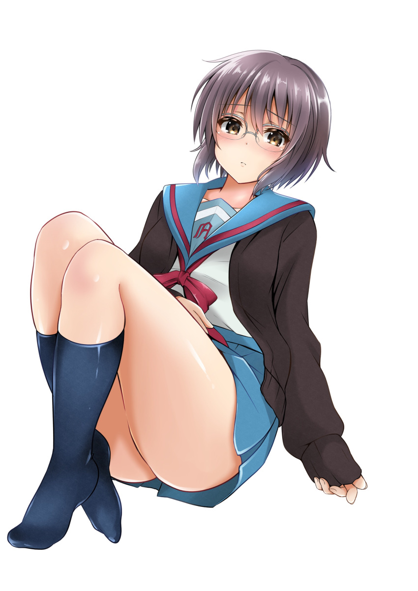 1girl, absurdres, bangs, black_cardigan, blue_legwear, blue_sailor_collar, blue_skirt, blush