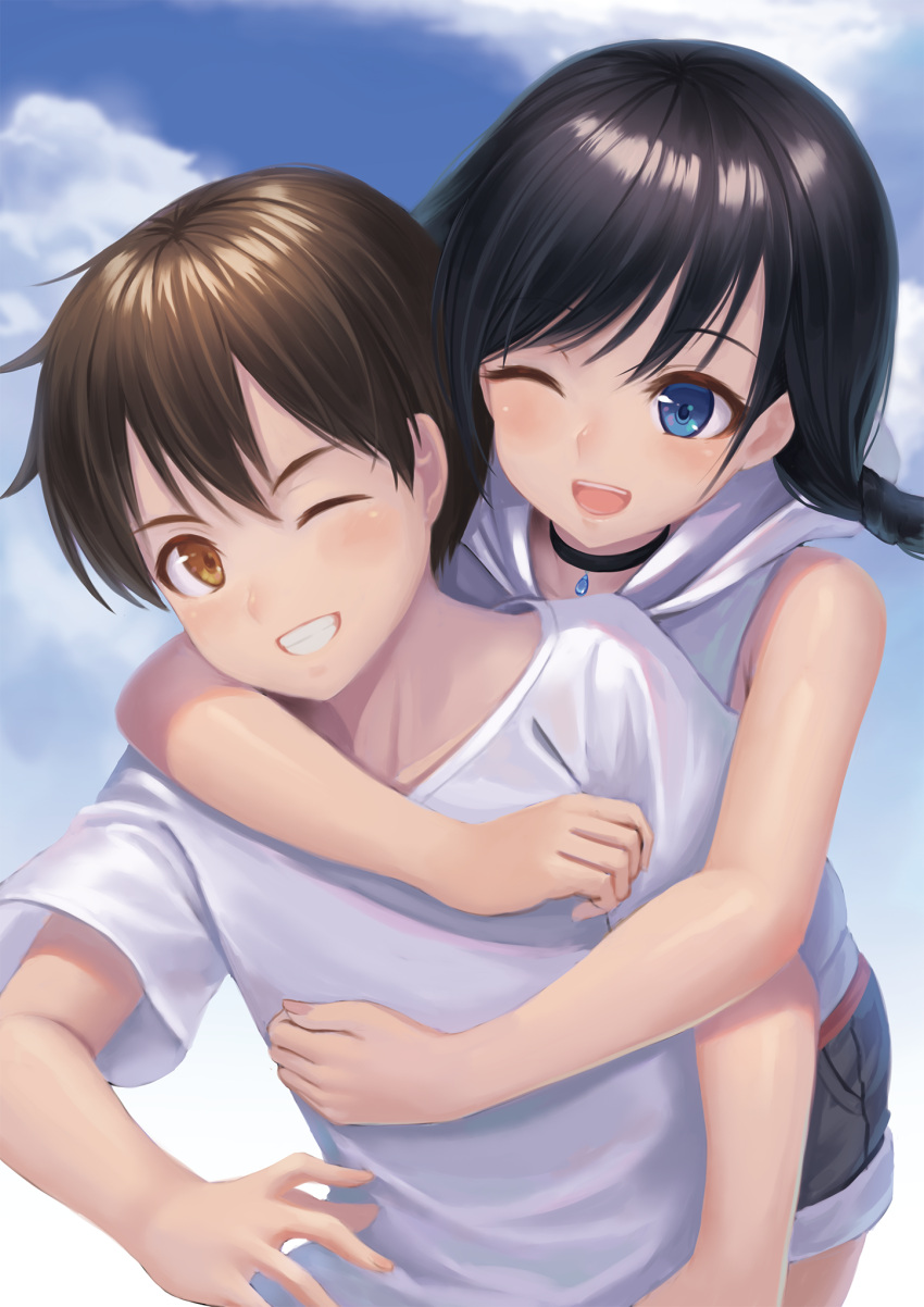 1boy, 1girl, ;d, amano_hina_(tenki_no_ko), black_choker, black_hair, blue_eyes, brown_eyes