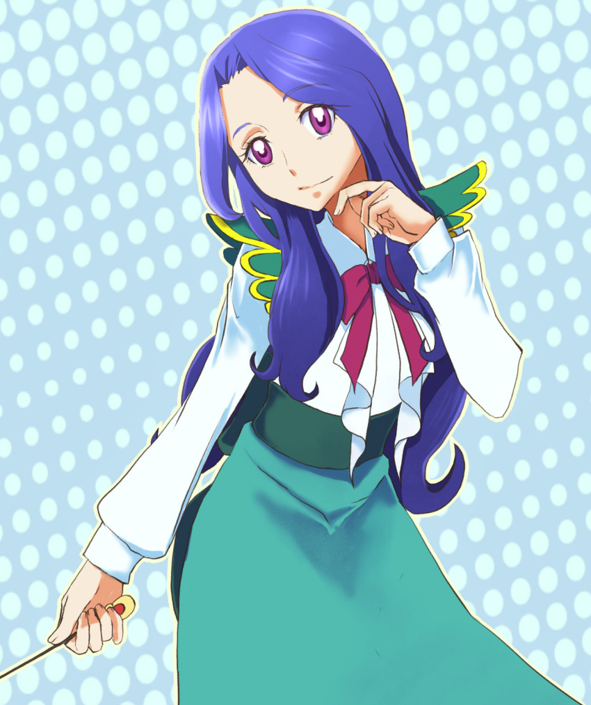 1girl, amawa_kazuhiro, aqua_skirt, blue_background, blue_hair, bow, bowtie, highres