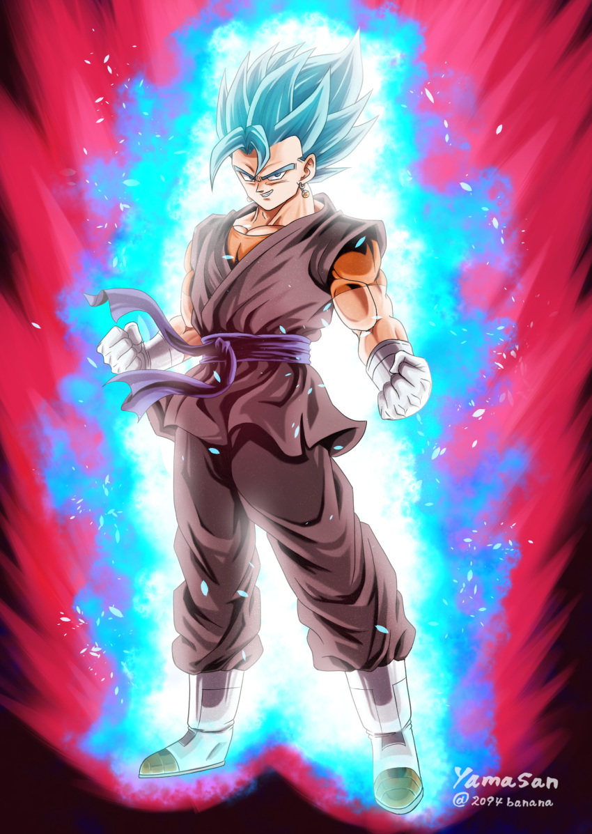 1boy, 2094banana, absurdres, black_kimono, black_pants, blue_eyes, blue_hair, dragon_ball