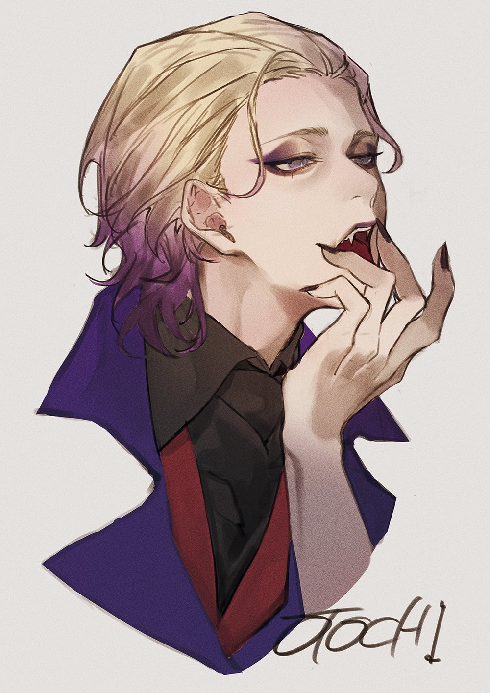 1boy, artist_name, black_lipstick, black_nails, blonde_hair, collared_shirt, disembodied_limb, eyeshadow
