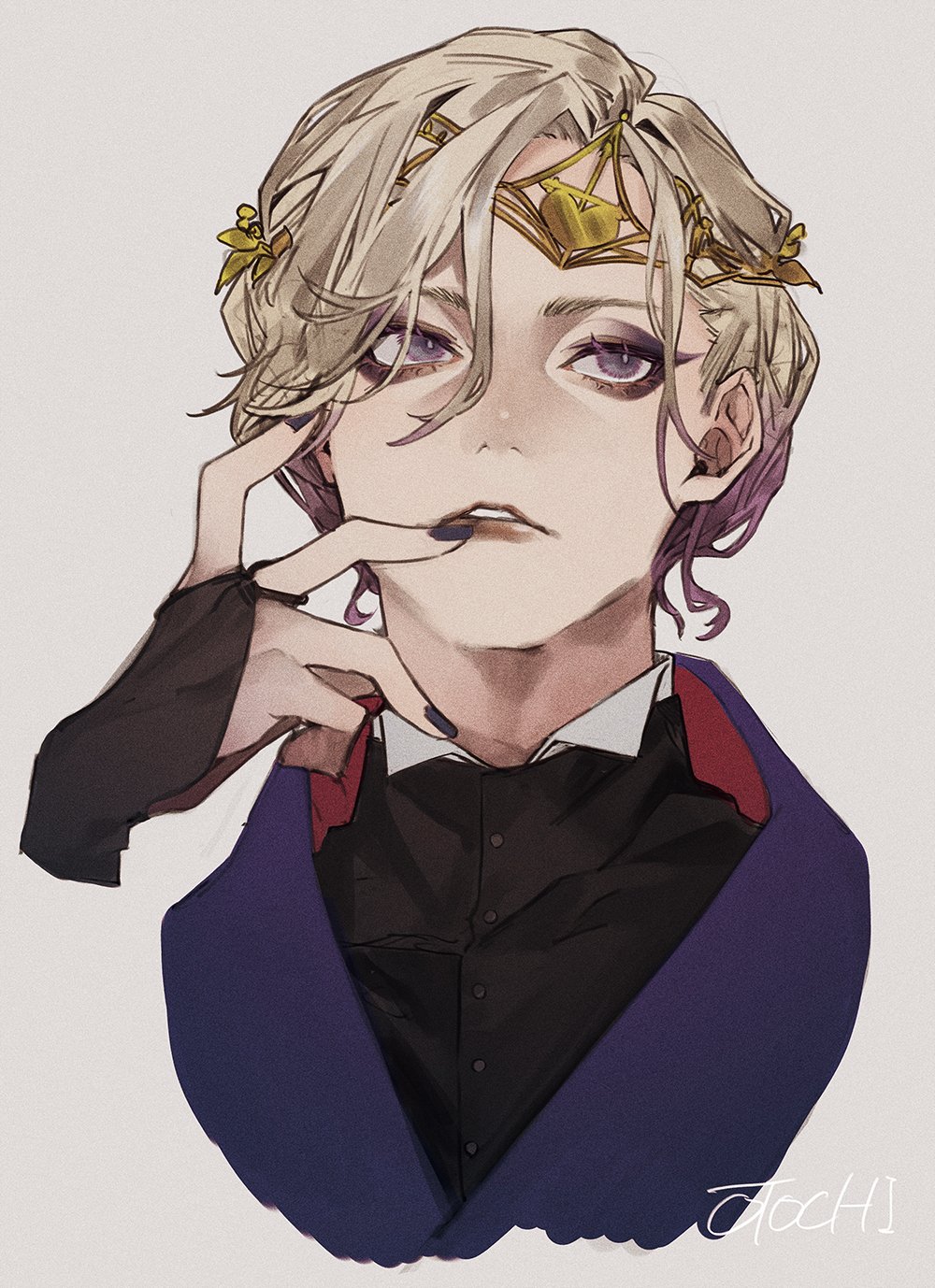 1boy, artist_name, black_eyeshadow, black_nails, bridal_gauntlets, disembodied_limb, eyeshadow, film_grain
