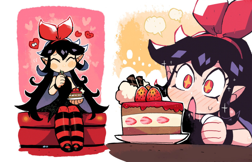 +_+, 1girl, ^_^, black_dress, black_hair, blush, blush_stickers, bow, bow_hairband, cake, cake_slice, closed_eyes, colored_inner_hair, dress, eating, english_commentary, food, fork, hair_bow, hairband, halftone, happy, heart, highres, holding, holding_fork, holding_plate, legs_together, long_hair, mixed-language_commentary, mouth_drool, multicolored_hair, multiple_views, nose_blush, open_mouth, original, plate, rariatto_(ganguri), red_bow, red_eyes, red_hairband, short_dress, sitting, smile, strawberry_shortcake, triangle_mouth, wristband, yellow_pupils, zakuro_(rariatto)