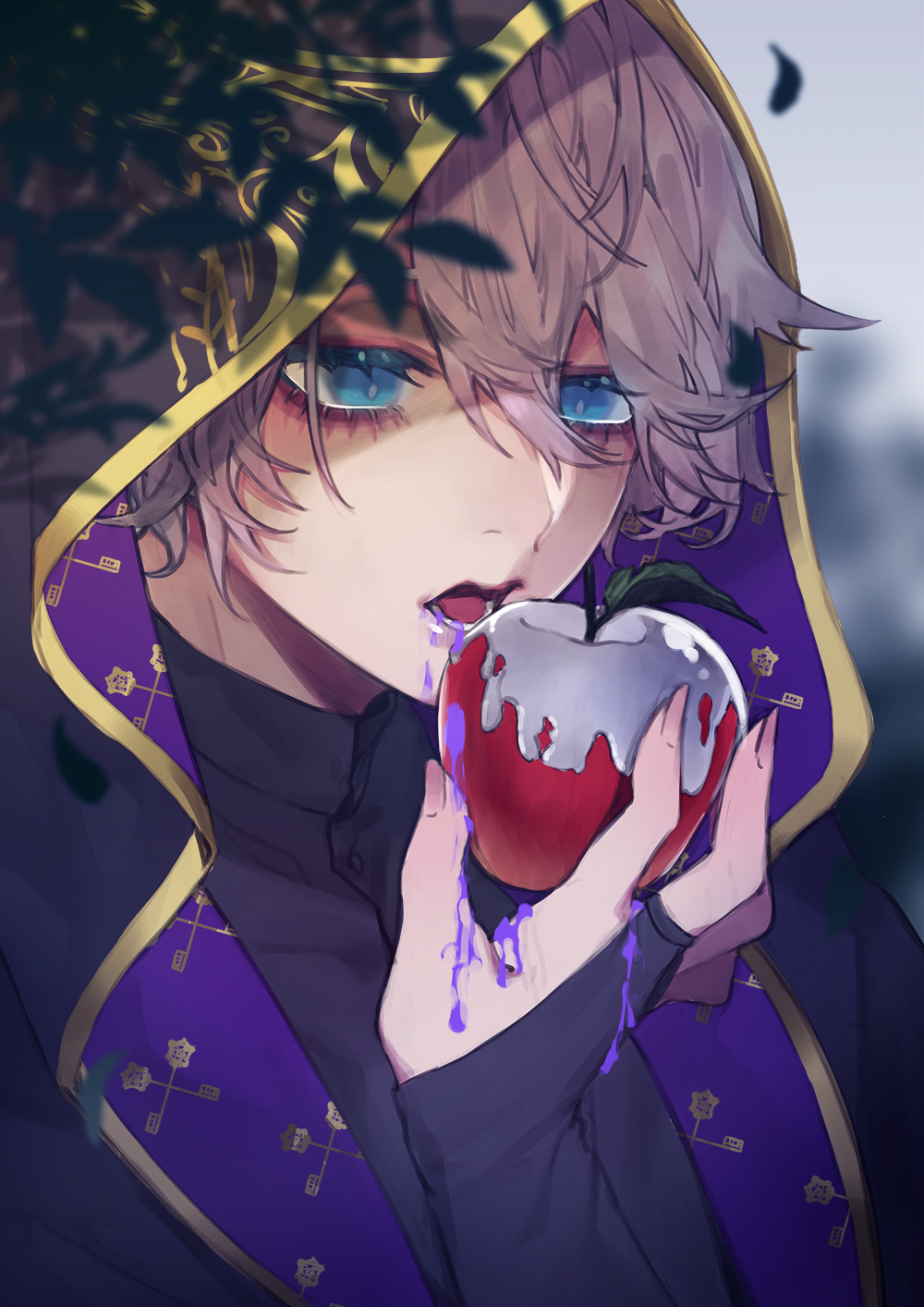 1boy, apple, blue_eyes, bridal_gauntlets, bright_pupils, cloak, epel_felmier, food