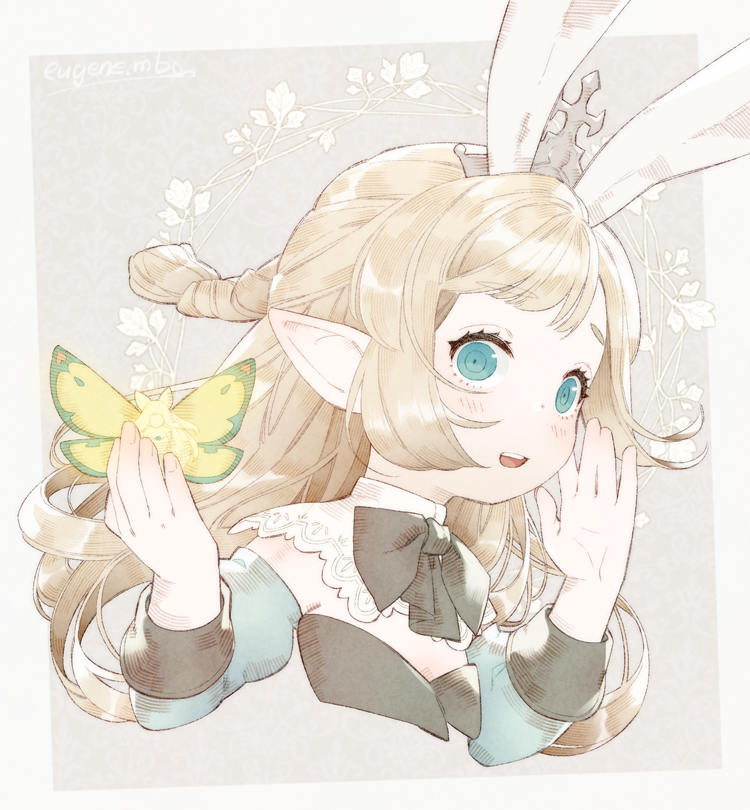 2girls, :d, animal_ears, artist_name, black_bow, black_neckwear, blonde_hair, blue_eyes