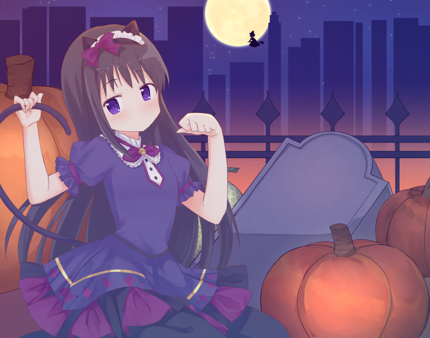 1girl, akemi_homura, animal_ears, bangs, black_hair, blush, bow, cat_ears, commentary_request, dress, eyebrows_visible_through_hair, fake_animal_ears, fake_tail, fence, full_moon, grabbing_own_tail, hair_bow, halloween, highres, long_hair, mahou_shoujo_madoka_magica, moon, paw_pose, pumpkin, purple_bow, purple_dress, ruru_(rurumagi), short_sleeves, solo_focus, tail, tombstone, violet_eyes, witch