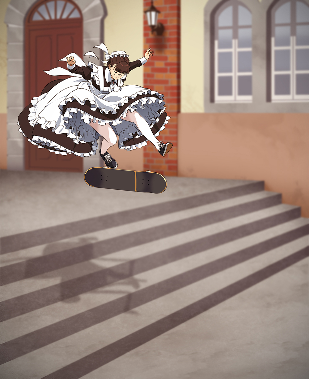 1girl, apron, black_footwear, brown_hair, commentary, dress, frilled_dress, frills