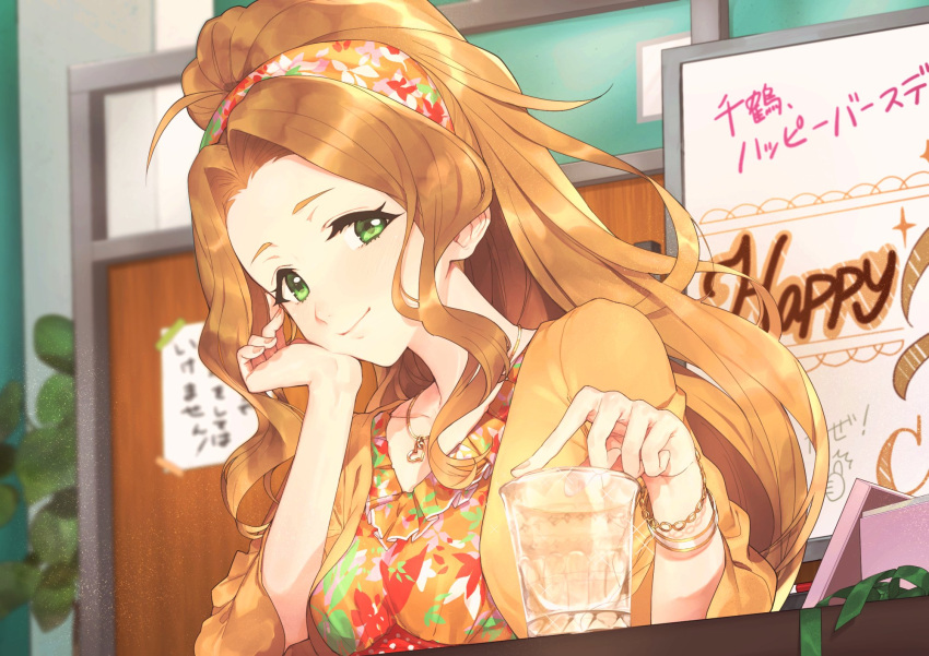 1girl, ahoge, blurry, blurry_background, board, box, bracelet, brown_hair
