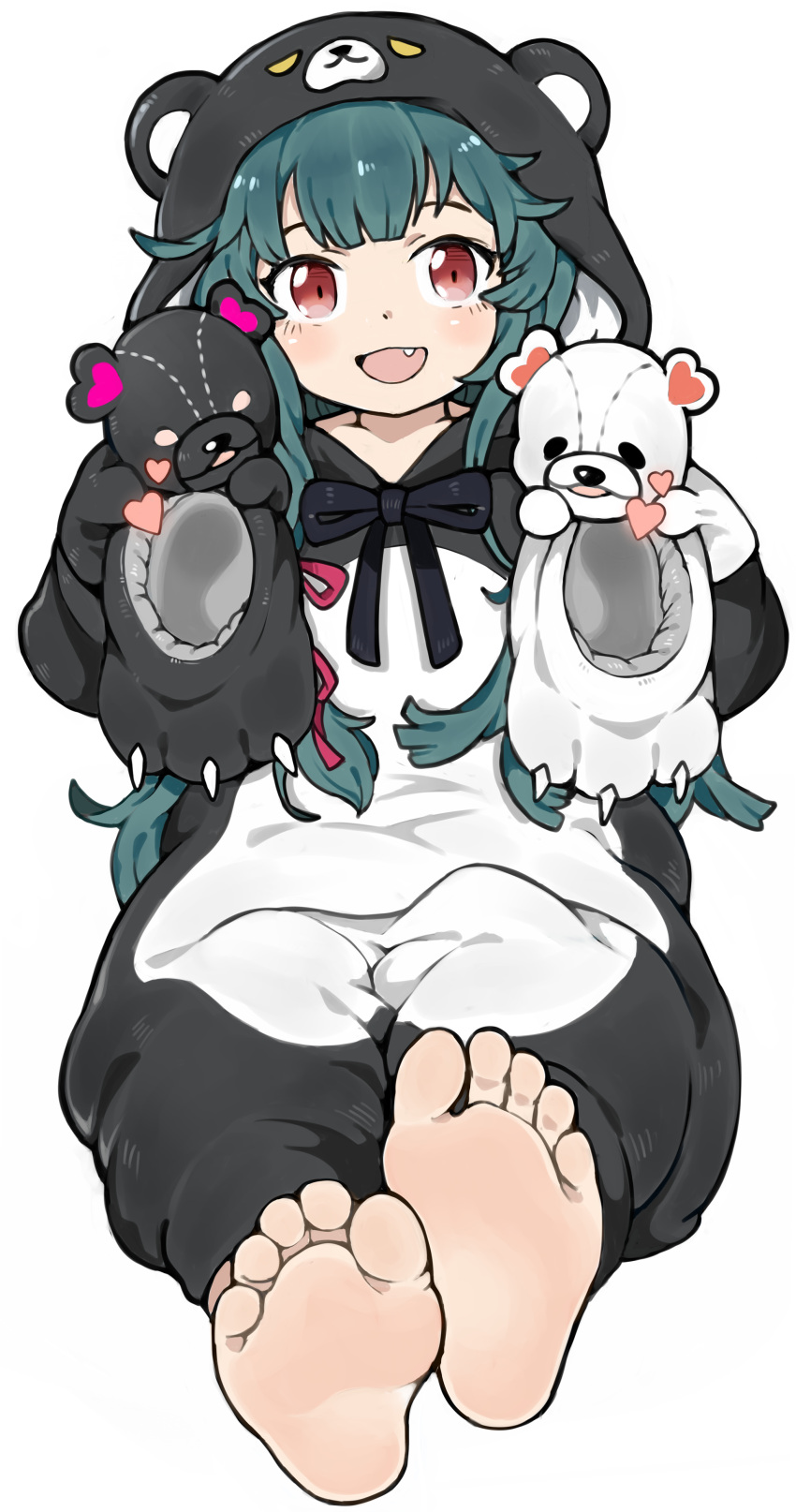 1girl, absurdres, animal_costume, animal_ears, animal_hood, animal_slippers, bangs, barefoot, bear_costume, bear_ears, bear_hood, bear_paws, blush, bow, eyebrows, eyelashes, fang, feet, footprints, footwear_removed, foreshortening, gloves, greek_toe, green_hair, heart, highres, holding, holding_clothes, holding_footwear, holding_shoes, hood, hood_up, hoodie, kuma_kuma_kuma_bear, long_hair, long_sleeves, looking_at_viewer, menla, open_mouth, paw_gloves, paw_shoes, paws, pov, pov_feet, red_eyes, ribbon, shoes, shoes_removed, simple_background, sitting, slippers, slippers_removed, smile, soles, solo, teasing, teeth, toes, tongue, very_long_hair, white_background, yuna_(kuma_kuma_kuma_bear)