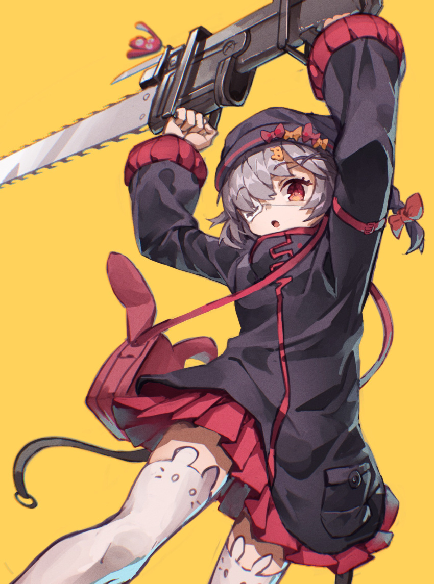 1girl, arknights, bag, bangs, chainsaw, eyepatch, feet_out_of_frame, grey_hair