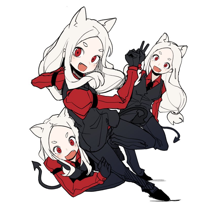 3girls, :d, animal_ears, bangs, black_footwear, black_gloves, black_pants, black_vest