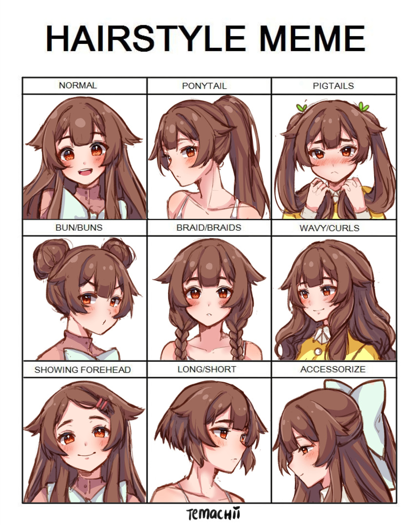 1girl, :d, absurdres, blush, bow, braid, china_dress, chinese_clothes, closed_mouth, commentary, curly_hair, double_bun, dress, english_commentary, english_text, grid, hair_bow, hair_flaps, hairstyles, highres, long_hair, looking_at_viewer, multiple_views, nose_blush, open_mouth, original, parted_lips, ponytail, red_eyes, round_teeth, signature, smile, teeth, temachii, temachii_(character), twin_braids, wavy_hair