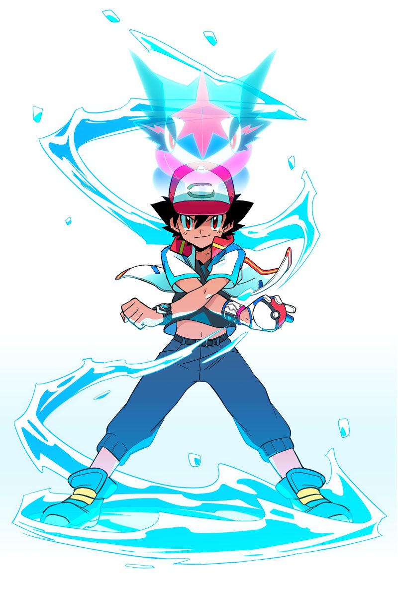 1boy, ash-greninja, ash_ketchum, bangs, baseball_cap, belt, black_hair, bond_phenomenon_(pokemon)