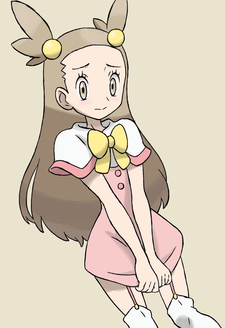 1girl, brown_eyes, brown_hair, capelet, closed_mouth, commentary_request, cosplay, dress, dress_pull, eyelashes, garter_straps, hair_bobbles, hair_ornament, jasmine_(pokemon), long_hair, looking_down, margo_(pokemon), margo_(pokemon)_(cosplay), pokemon, pokemon_(game), pokemon_hgss, pulled_by_self, sawa_(soranosawa), solo, thigh-highs, tied_hair