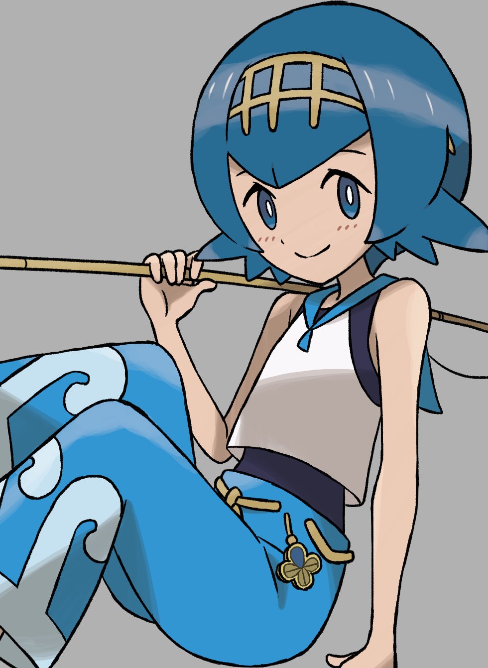 1girl, bare_arms, blue_eyes, blue_hair, blue_pants, closed_mouth, commentary_request, fishing_rod
