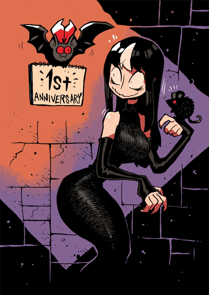 1girl, animalization, anniversary, bare_shoulders, bat, black_dress, black_hair, closed_mouth