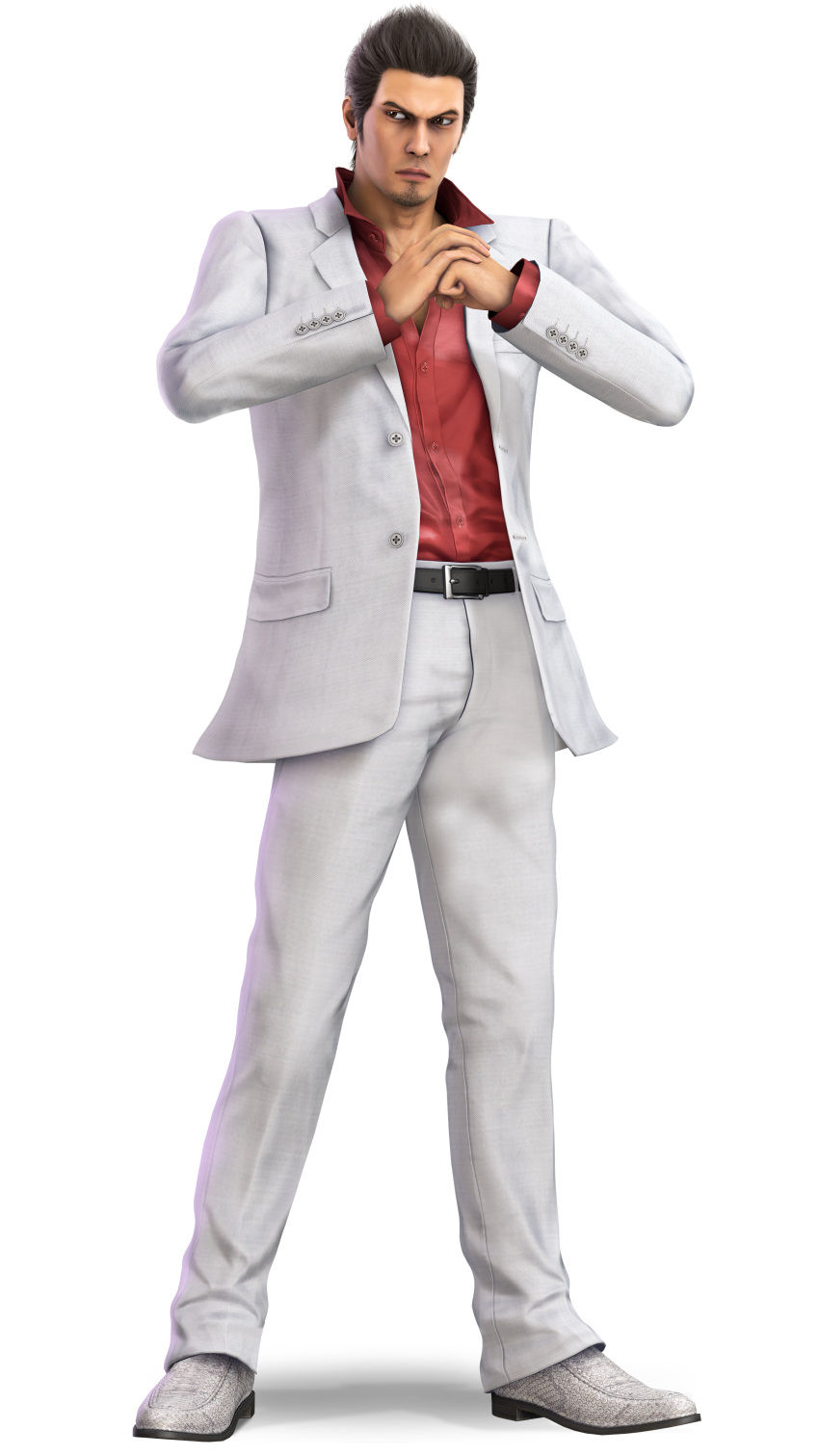 black_hair, kiryu_kazuma, official_art, red_shirt, render, super_smash_bros., white_pants, white_shoes