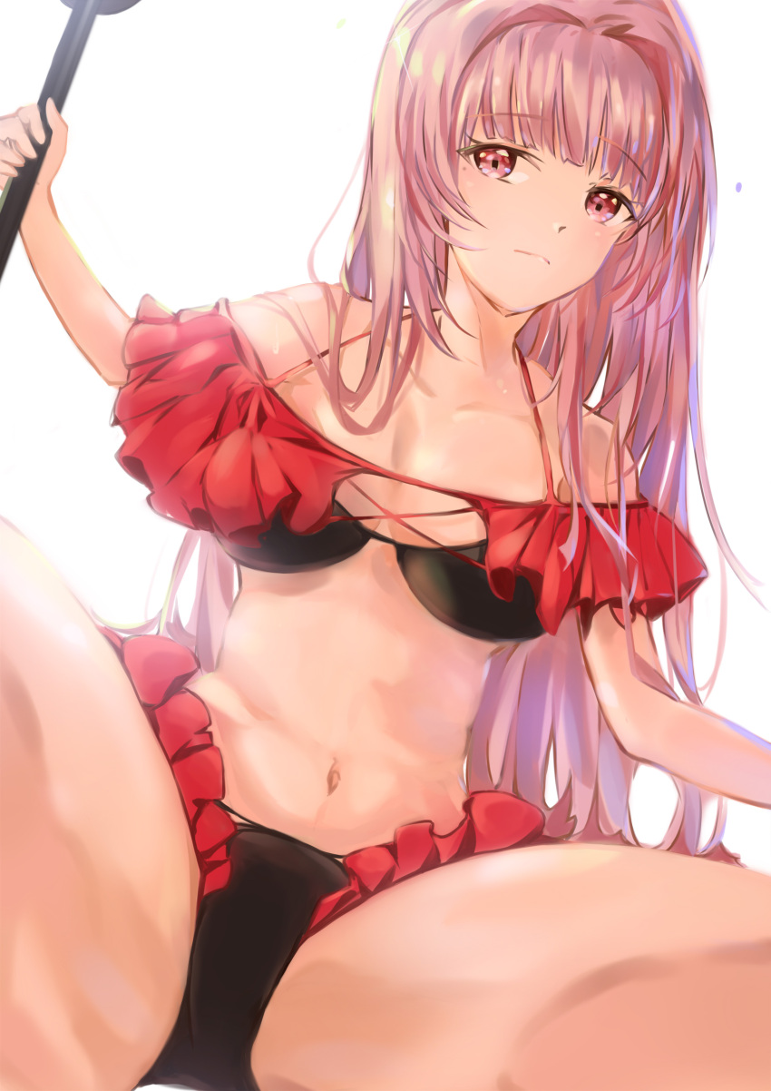 1girl, absurdres, azur_lane, bikini, black_swimsuit, frilled_swimsuit, frills, from_below