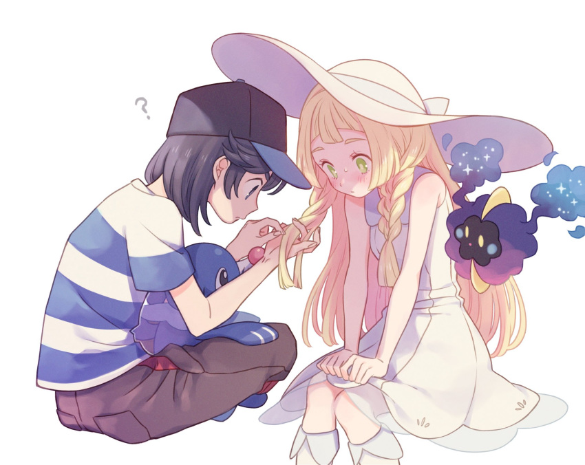 1boy, 1girl, ?, baseball_cap, black_hair, blonde_hair, blush, closed_mouth