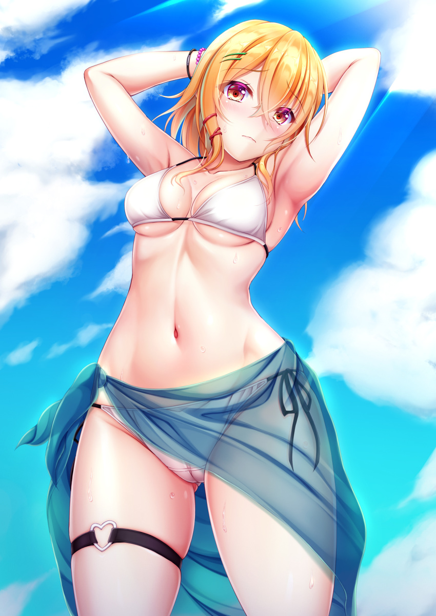 1girl, armpits, arms_behind_head, ass_visible_through_thighs, bangs, bare_shoulders, bikini, blon