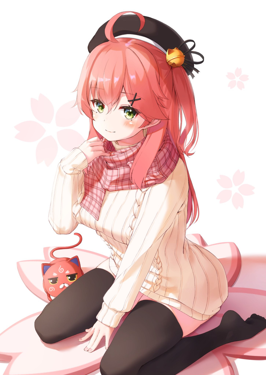 1girl, ahoge, alternate_costume, black_legwear, cat, cherry_blossom_print, eyebrows_visible_through_hair, floral_print, green_eyes, hair_ornament, hairclip, hat, highres, hololive, kintoki_(sakura_miko), long_sleeves, looking_at_viewer, nyan_(reinyan_007), pink_background, pink_hair, sakura_miko, scarf, thigh-highs, virtual_youtuber, x_hair_ornament