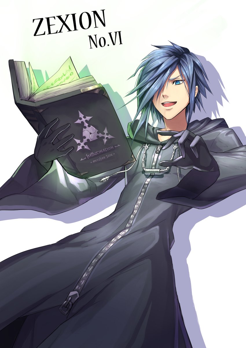 1boy, black_coat_(kingdom_hearts), blue_eyes, blue_hair, book, cloak, gloves, gogo_(detteiu_de)