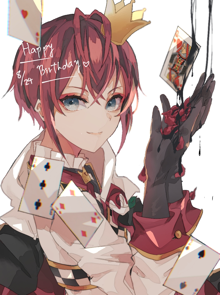 1boy, ace_of_hearts, antenna_hair, bangs, birthday, brooch, card, checkered_sash
