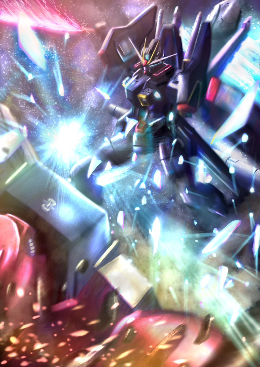 absurdres, beam_saber, blue_eyes, flying, gaia_gundam, glowing, glowing_eye, gundam