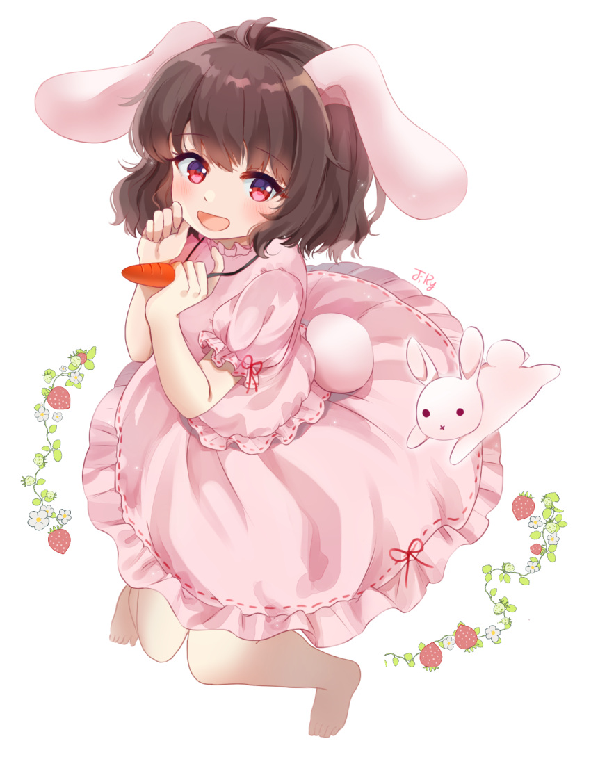 1girl, :d, :x, animal_ears, artist_name, barefoot, black_hair, blush