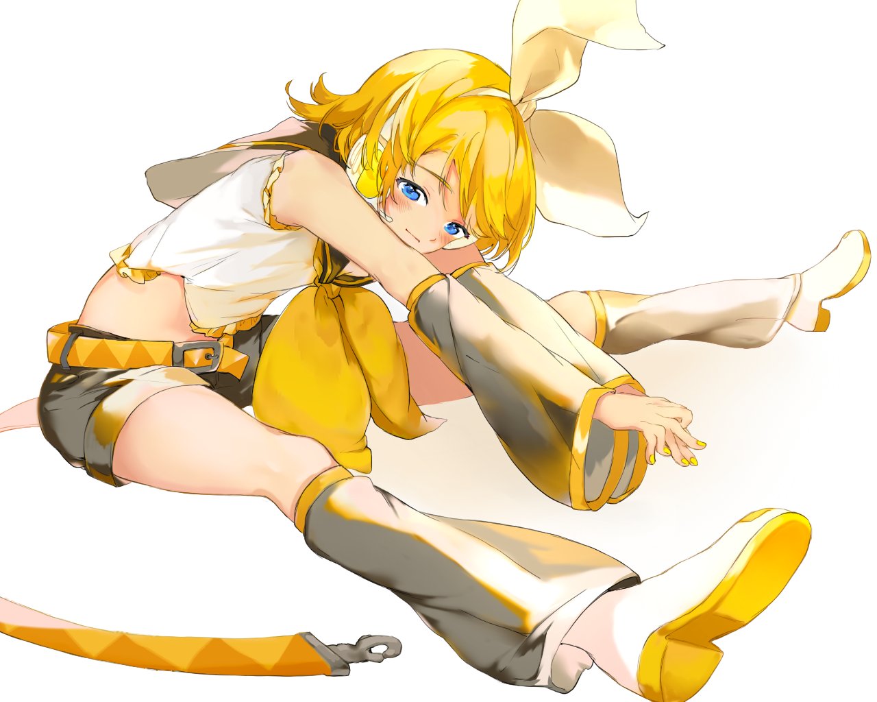 1girl, bare_shoulders, belt, bent_over, black_collar, black_shorts, blonde_hair, blue_eyes, bow, collar, commentary, crop_top, detached_sleeves, full_body, grey_legwear, grey_shorts, grey_sleeves, hair_bow, hands_together, headphones, headset, kagamine_rin, leg_warmers, nail_polish, neckerchief, outstretched_arms, oyamada_gamata, sailor_collar, school_uniform, shirt, short_hair, short_shorts, short_sleeves, shorts, solo, spread_legs, stretch, vocaloid, white_bow, white_footwear, white_shirt, yellow_nails, yellow_neckwear