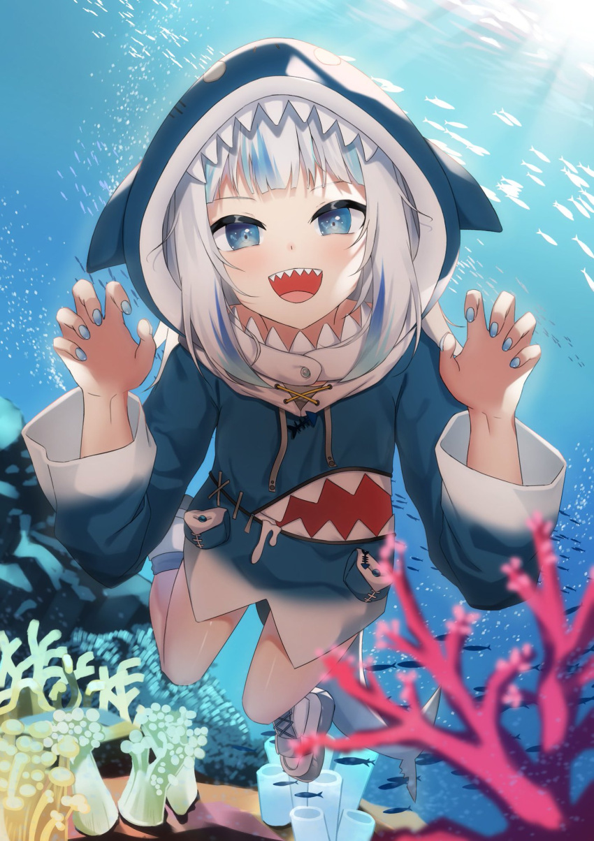 1girl, :d, animal_hood, atora, bangs, blue_eyes, blue_hair, blue_hoodie