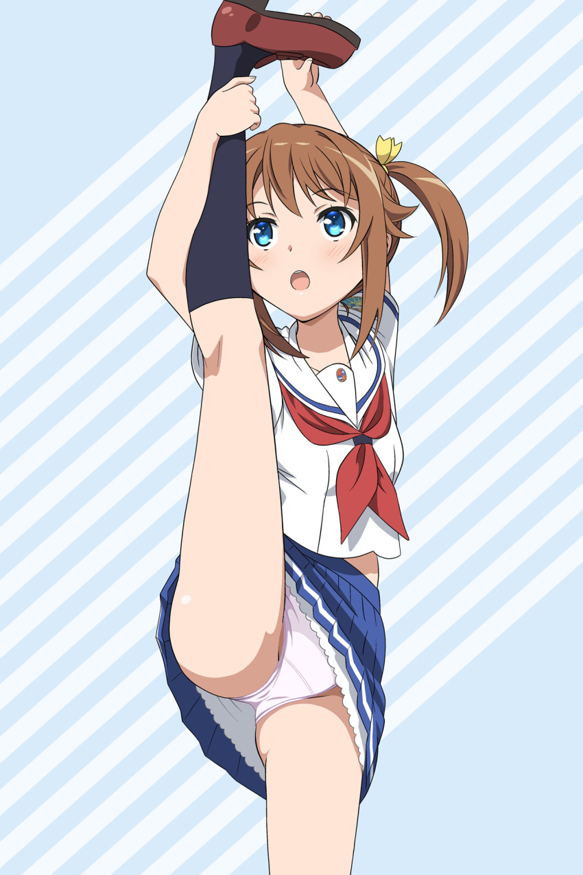 1girl, :o, arms_up, bangs, black_legwear, blue_eyes, blue_skirt, blush, brown_footwear, brown_hair, commentary_request, diagonal_stripes, eyebrows_visible_through_hair, hair_ribbon, high_school_fleet, highres, hiraizumi_(mugenkidousha), kneehighs, leg_up, loafers, misaki_akeno, neckerchief, open_mouth, panties, pink_panties, pleated_skirt, red_neckwear, ribbon, sailor_collar, school_uniform, serafuku, shirt, shoes, short_sleeves, side_ponytail, skirt, solo, split, standing, standing_on_one_leg, standing_split, striped, striped_background, underwear, upper_teeth, white_sailor_collar, white_shirt, yellow_ribbon