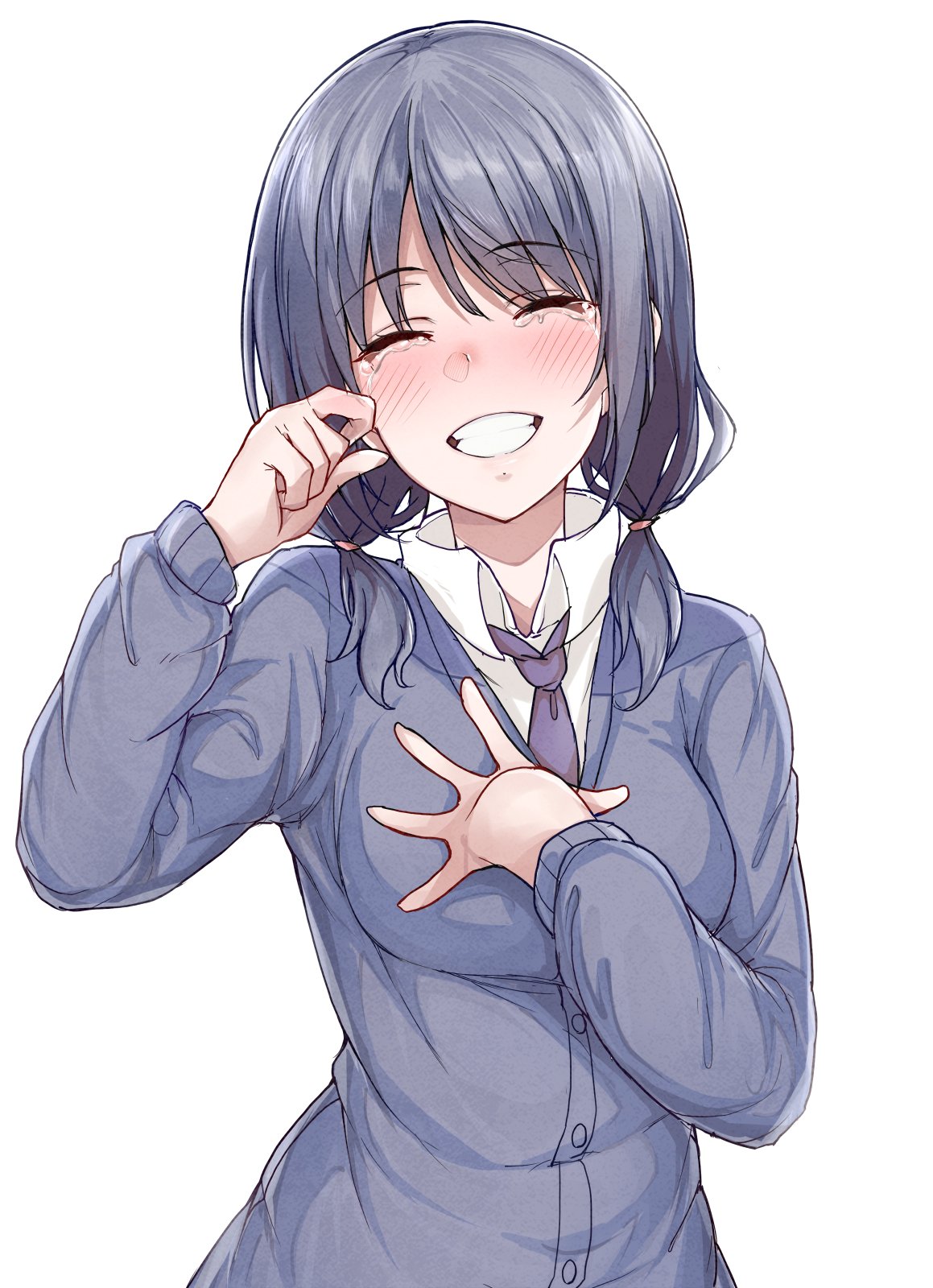 1girl, arm_up, bangs, black_hair, blue_cardigan, blush, breasts, cardigan