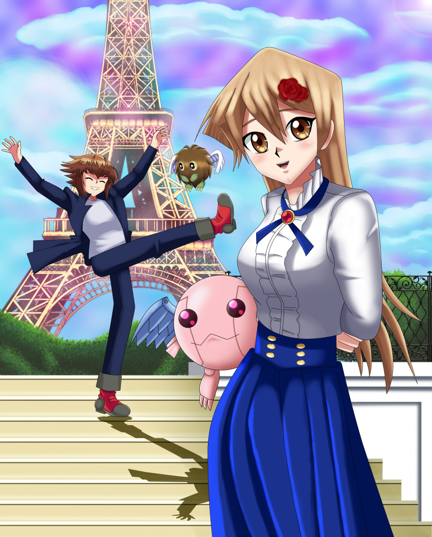 1boy, 1girl, arms_behind_back, black_jacket, blonde_hair, blue_bow, blue_skirt, blush