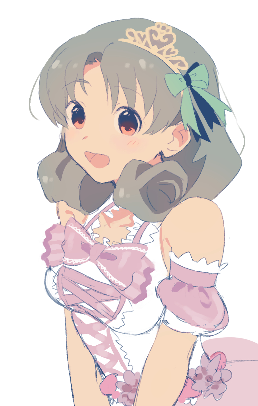1girl, bangs, blush, bow, brown_eyes, curly_hair, dress, eyebrows_visible_through_hair