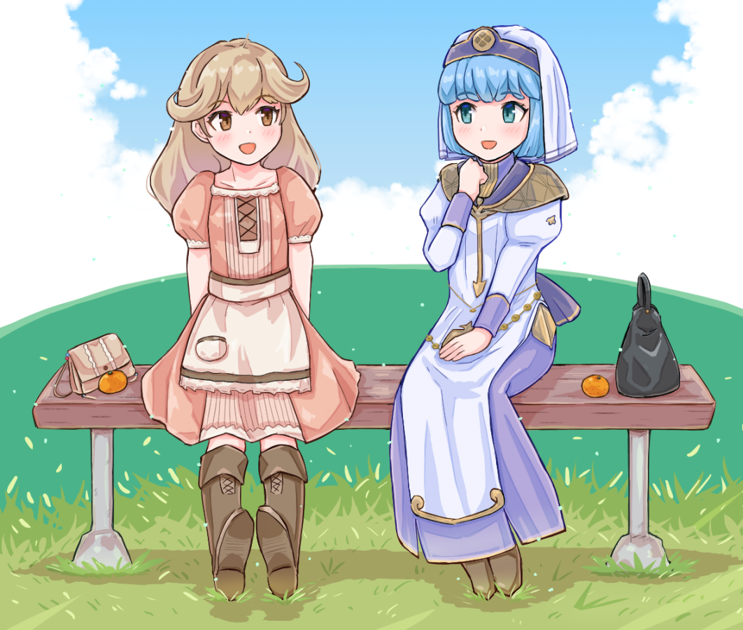 2girls, :d, apron, blue_eyes, blue_hair, blush, boots, brown_eyes