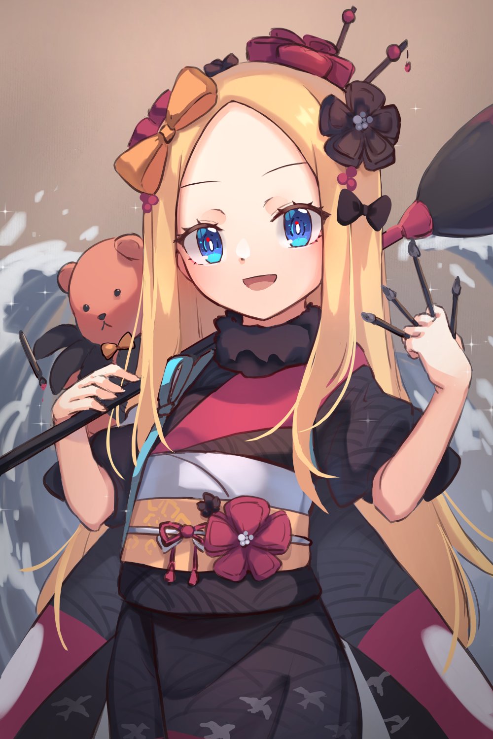 1girl, abigail_williams_(fate/grand_order), bangs, black_bow, blonde_hair, blue_eyes, blush, bow, breasts, cosplay, fate/grand_order, fate_(series), forehead, giant_brush, hair_bow, hair_ornament, hairpin, highres, japanese_clothes, katsushika_hokusai_(fate/grand_order), katsushika_hokusai_(fate/grand_order)_(cosplay), kimono, long_hair, long_sleeves, looking_at_viewer, miya_(miyaruta), multiple_bows, open_mouth, orange_bow, paintbrush, parted_bangs, purple_kimono, red_kimono, sash, sidelocks, small_breasts, smile, stuffed_animal, stuffed_toy, teddy_bear, wide_sleeves