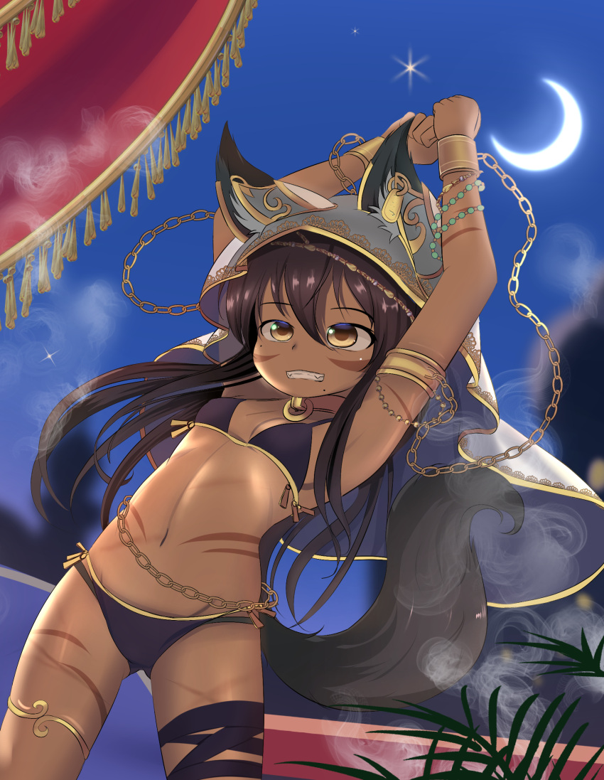 1girl, animal_ears, arabian_clothes, armlet, bikini, black_bikini, black_hair, bracelet