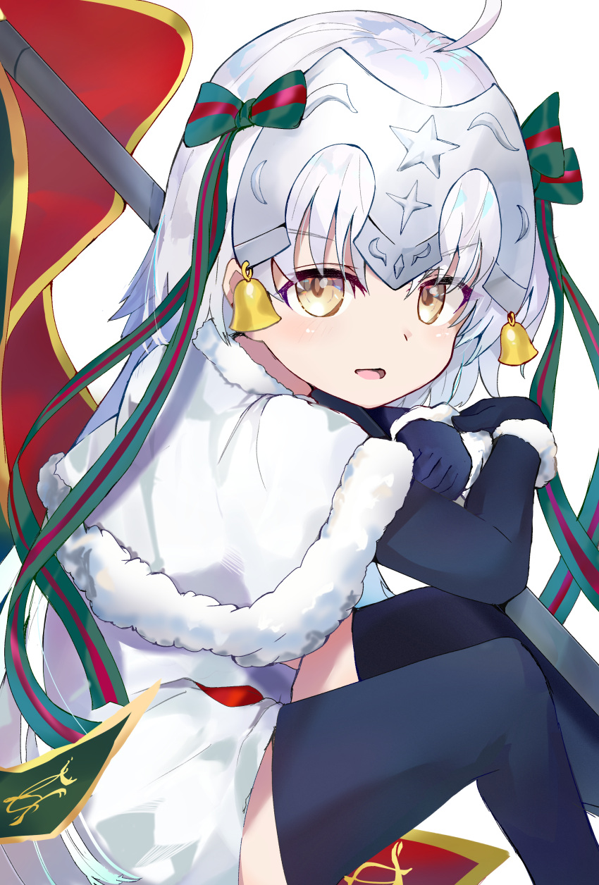 1girl, absurdres, ahoge, bell, black_gloves, black_legwear, bow, capelet