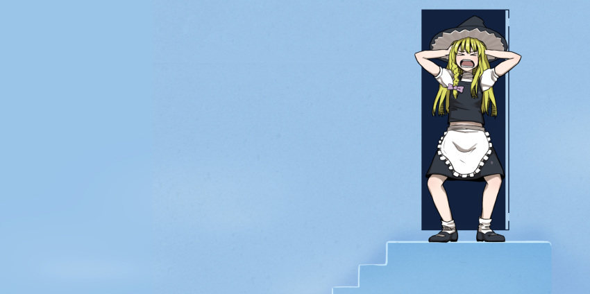 >_<, 1girl, apron, army_14235, bangs, black_footwear, black_skirt, blonde_hair