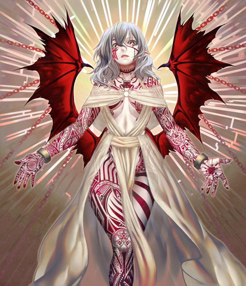 1girl, alternate_costume, alternate_hair_color, alternate_hair_length, alternate_hairstyle, arm_tattoo, bangs, bare_legs
