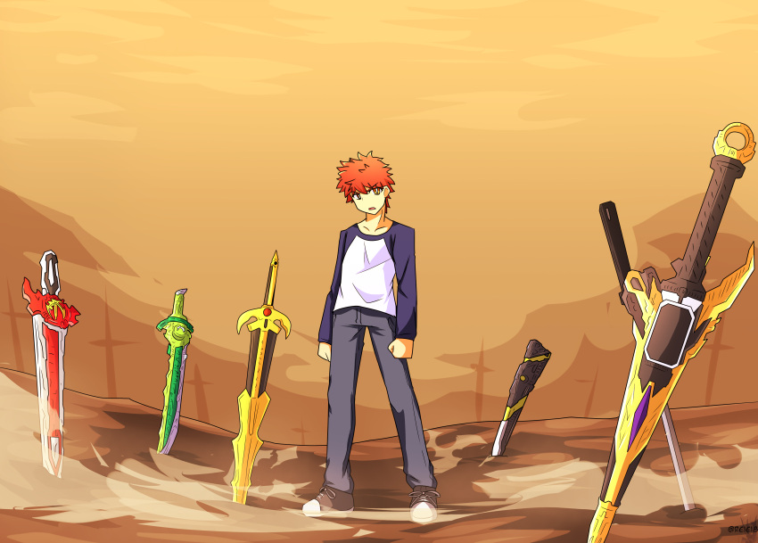 1boy, absurdres, attache_calibur, crossover, emiya_shirou, fate/stay_night, fate_(series), field_of_blades