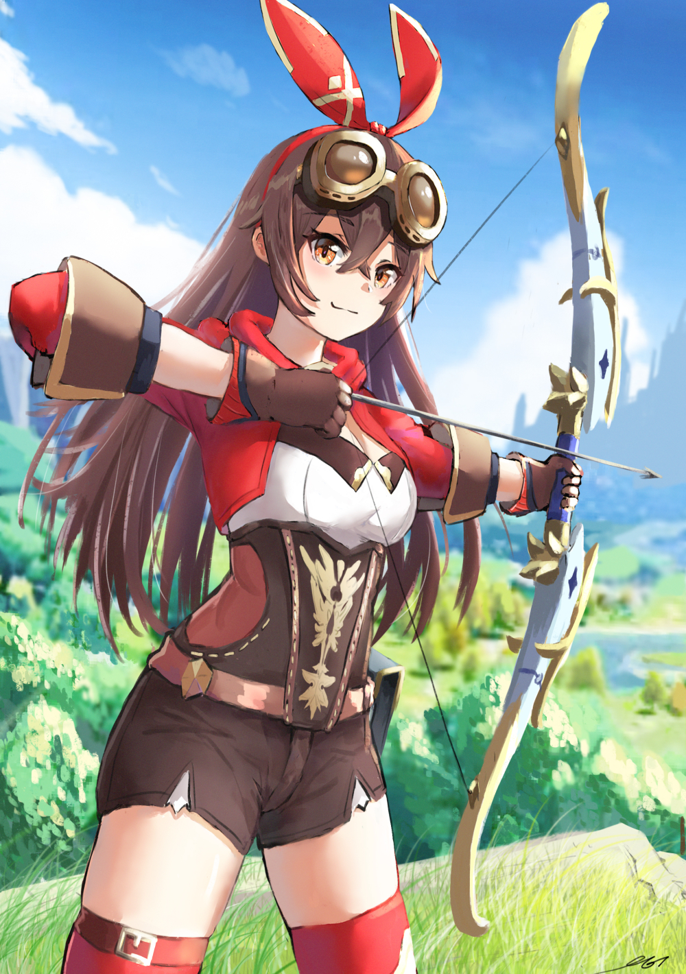 1girl, aiming, amber_(genshin_impact), arrow_(projectile), blue_sky, blush, bow_(weapon), brown_gloves, brown_shorts, closed_mouth, clouds, cowboy_shot, eyebrows_visible_through_hair, genshin_impact, gloves, goggles, goggles_on_head, grass, hair_ribbon, highres, holding, holding_weapon, legs_apart, long_hair, long_sleeves, looking_at_viewer, nyanko960121, orange_eyes, outdoors, red_legwear, red_ribbon, ribbon, short_shorts, shorts, sky, smile, solo, standing, thigh-highs, tree, vegetation, weapon