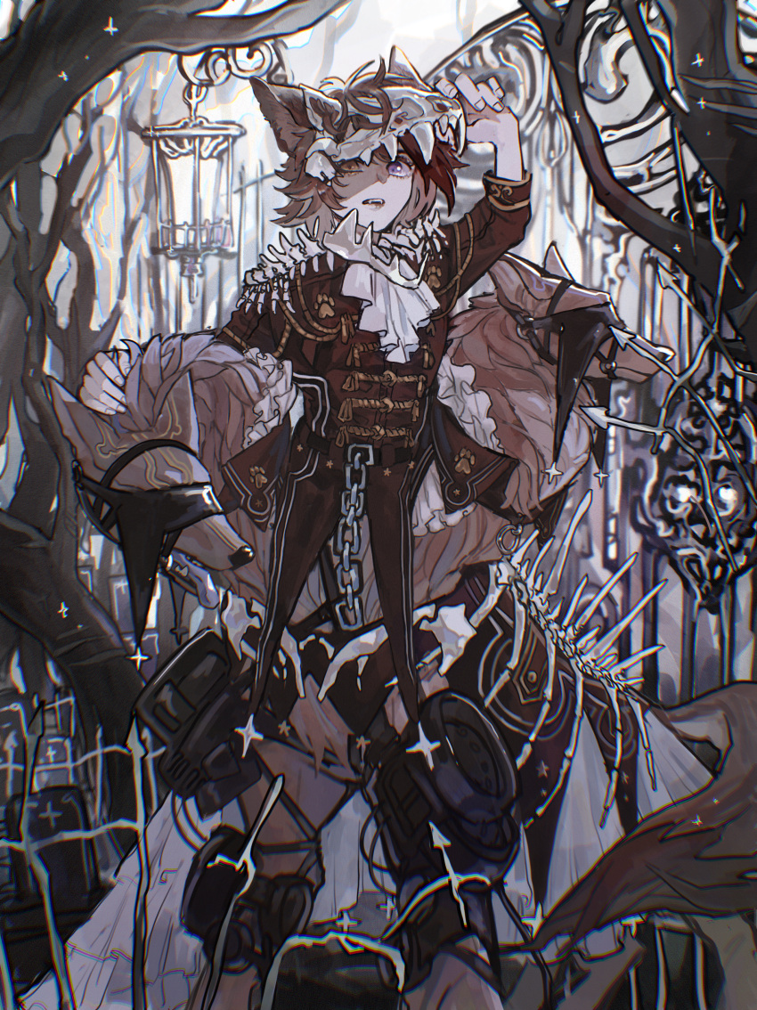 1boy, absurdres, animal, animal_ears, animal_skull, arm_up, bare_tree, belt