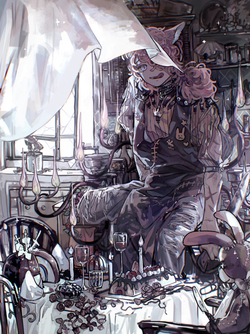 1boy, absurdres, ambiguous_red_liquid, animal_ear_fluff, animal_ears, black_choker, blue_eyes, chair