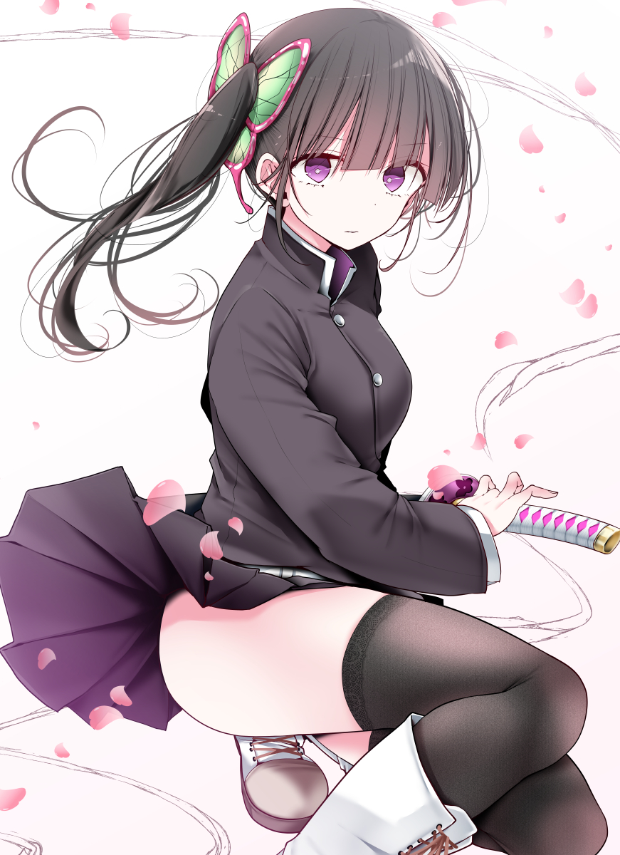 1girl, bangs, black_hair, black_skirt, boots, breasts, butterfly_hair_ornament, hair_ornament
