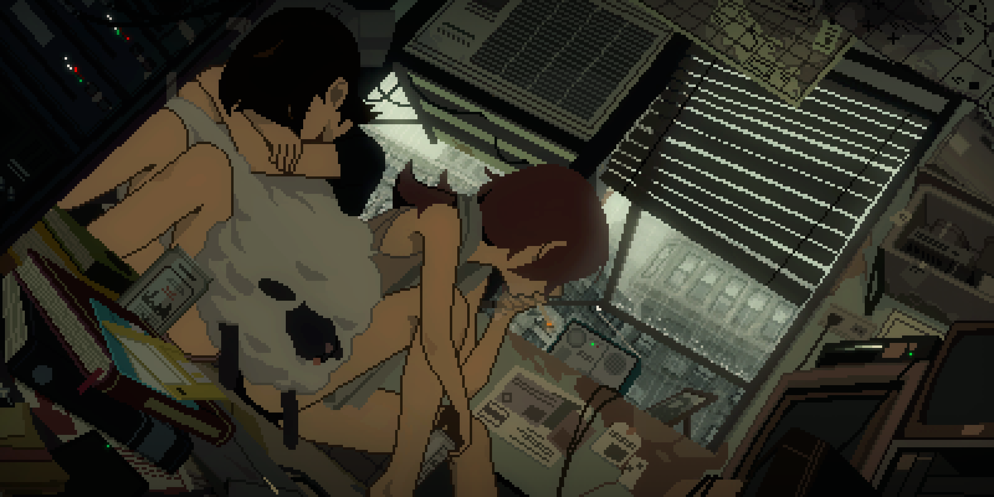1boy, 1girl, air_conditioner, black_hair, blinds, book, book_stack, bookmark