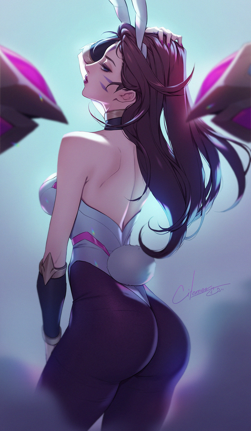 1girl, animal_ears, arm_up, artist_name, ass, back, bare_shoulders, black_legwear