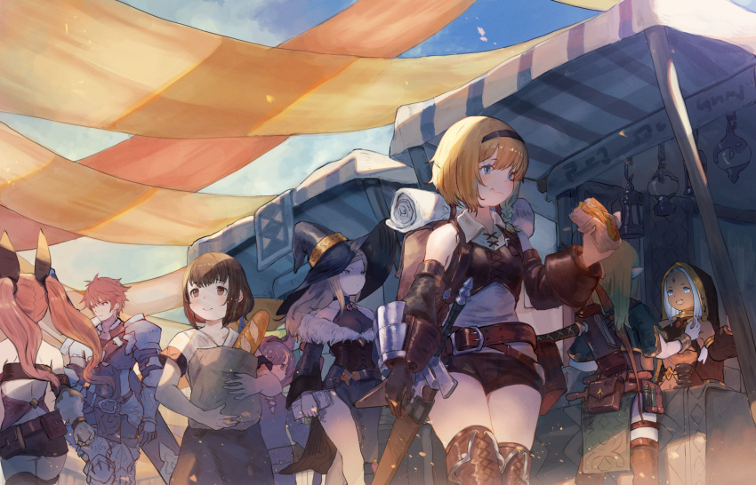 1boy, 6+girls, animal_ears, armor, arrow_(projectile), backpack, bag, bare_shoulders